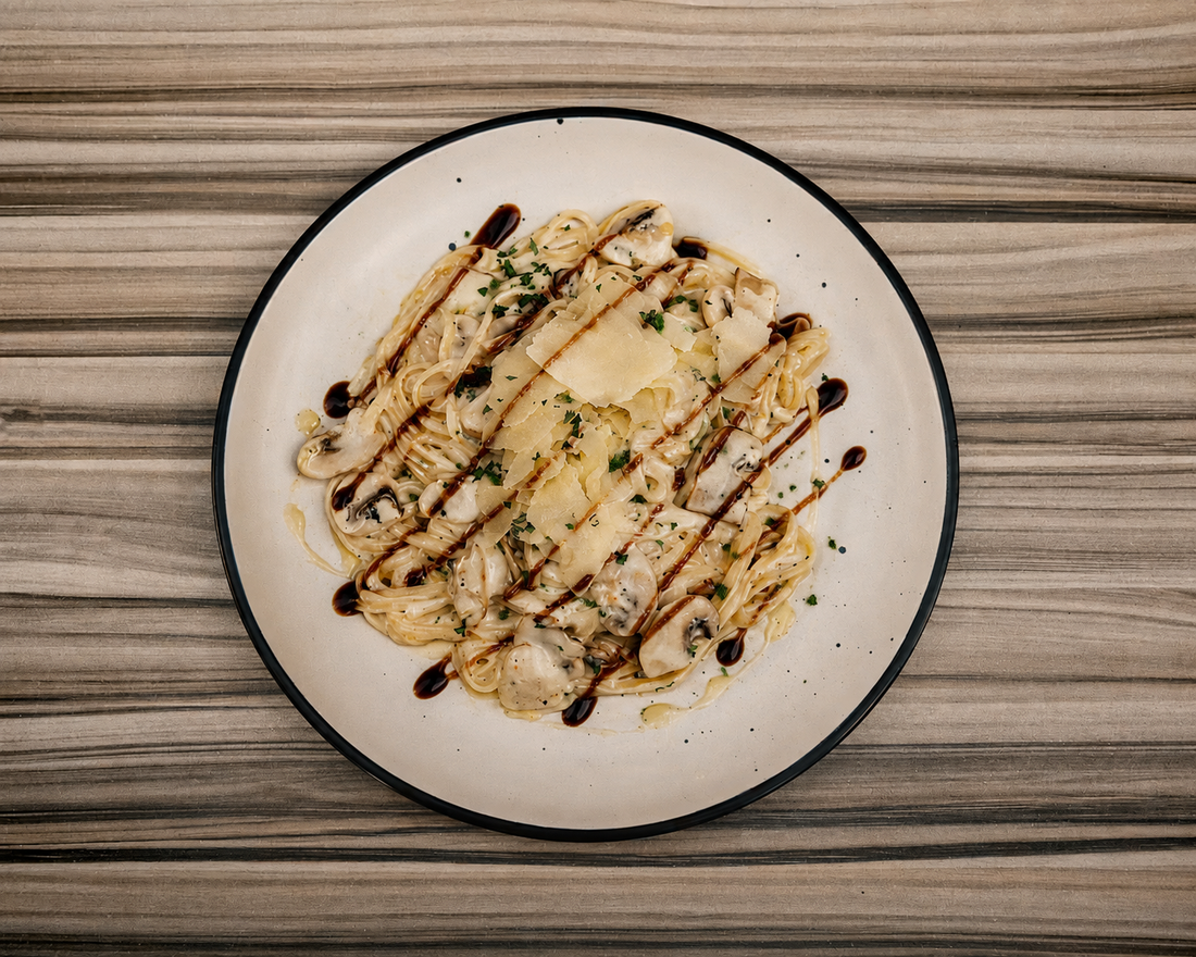 Creamy Garlic Mushroom Pasta with Caramelised Balsamic