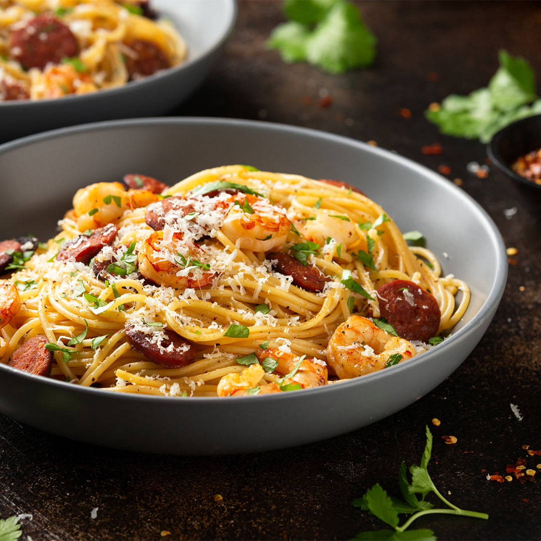 HVOC Chilli Oil Linguine With Prawns and Chorizo